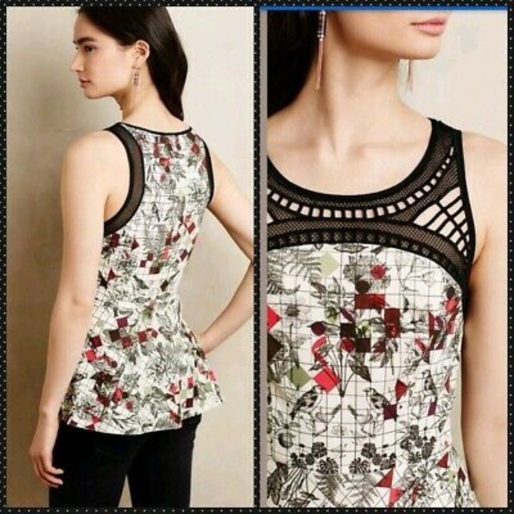 Ranna Gill Windowpane Bird Sleeveless Peplum Top